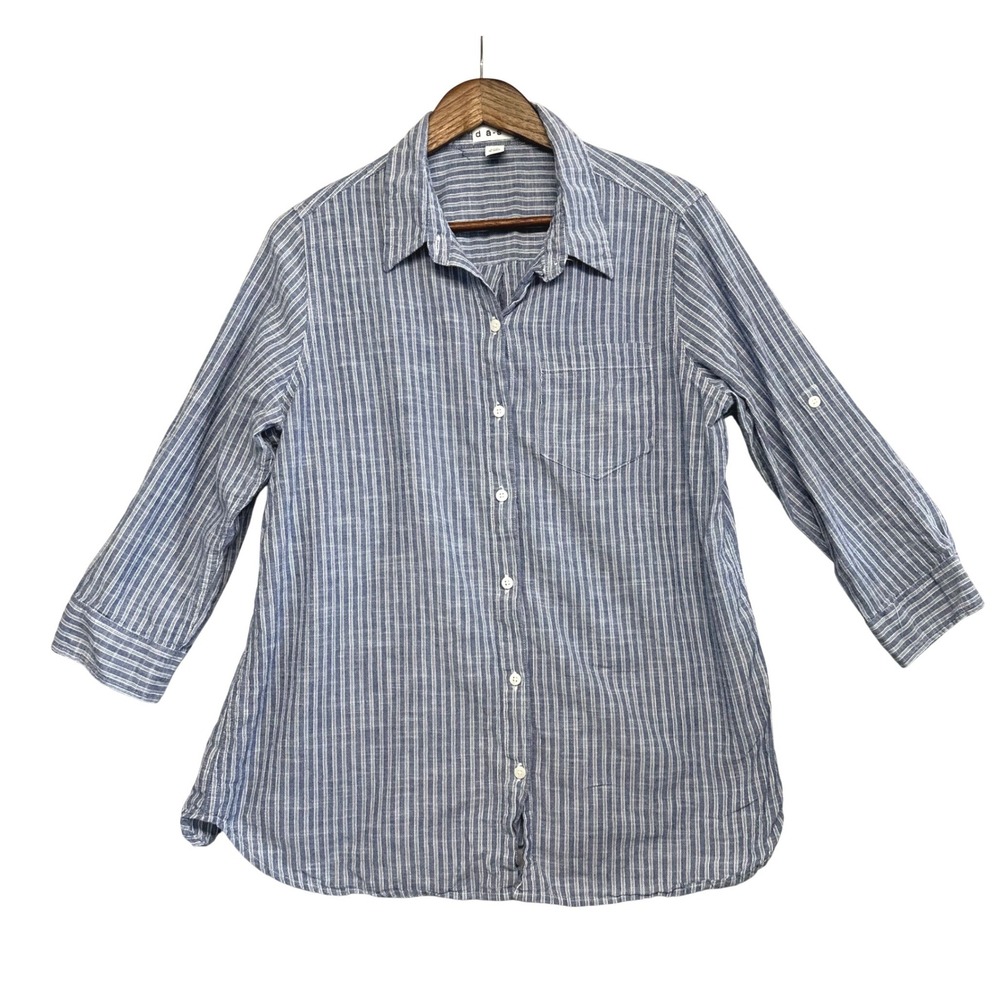 Dash Womens Size L Striped Button Down Shirt Roll Tab Lagenlook Minimalist Blue